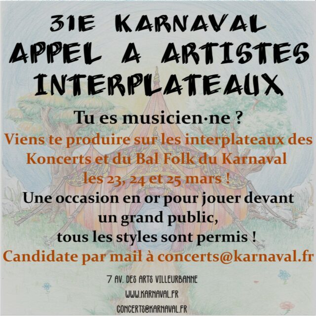 Salut! 

Avez-vous écrit dans vos agendas que du 19 au 25 mars le Karnaval Humanitaire s'installe sur le terrain des humas pour une semaine de plein de trucs en même temps : conférences, ateliers, projections, débats, spectacles et des concerts bien sûr ! 

C'est bien pour ça qu'on vous écrit aujourd'hui : à vos oreilles et vos idées ! 

Deux soirées festives musicales se tiendront le jeudi 23 et le vendredi 24. Le samedi 25 aura lieu le bal folk. 
Si vous avez des envies de scènes, envie de nous partager ce que vous jouer, on se fera un plaisir d'écouter et de vous faire un retour. Ces deux soirées sont aussi des temps que nous souhaitons ouvrir à des musicien.nes de l'INSA. 

Un autre espace d'expression se glisse au cours de ces soirées : les interplateaux. On aimerait que ces temps entre les concerts puissent permettre à toutes formes d'expression artistique de se faire une place. Libre à vous de nous proposer quelque chose que vous faîtes et que vous verriez bien à ce moment-là. Il s'agira de courts temps entre les concerts, principalement en extérieur et donc en soirée.

On se prépare à lire vos propositions ! Envoyez-nous un mail à concerts@karnaval.fr !

A tout bientôt ! 

La Kom Koncerts du Karnaval Humanitaire
